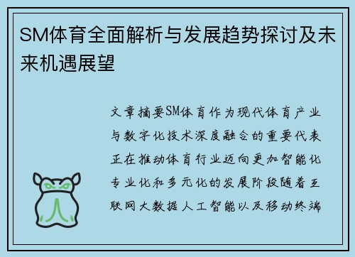 SM体育全面解析与发展趋势探讨及未来机遇展望